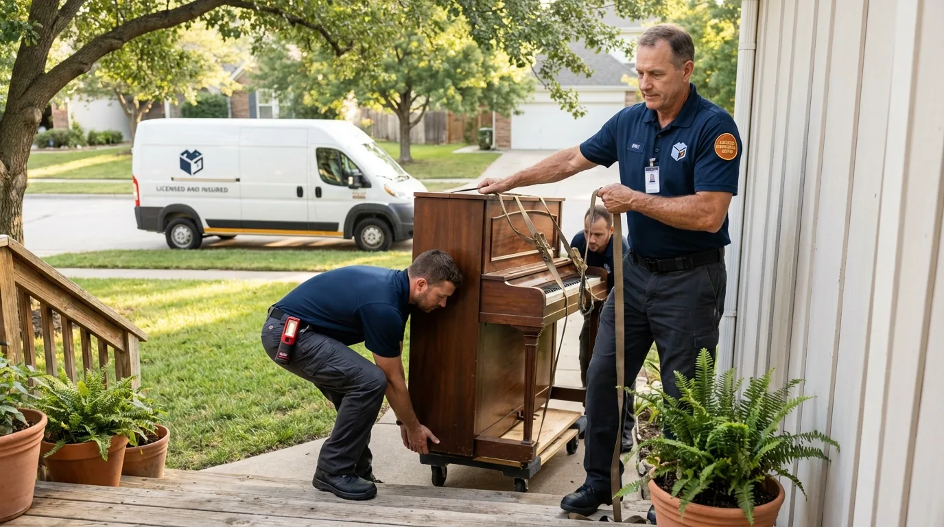 Licensed piano movers securing grand piano in Bushnell, IL