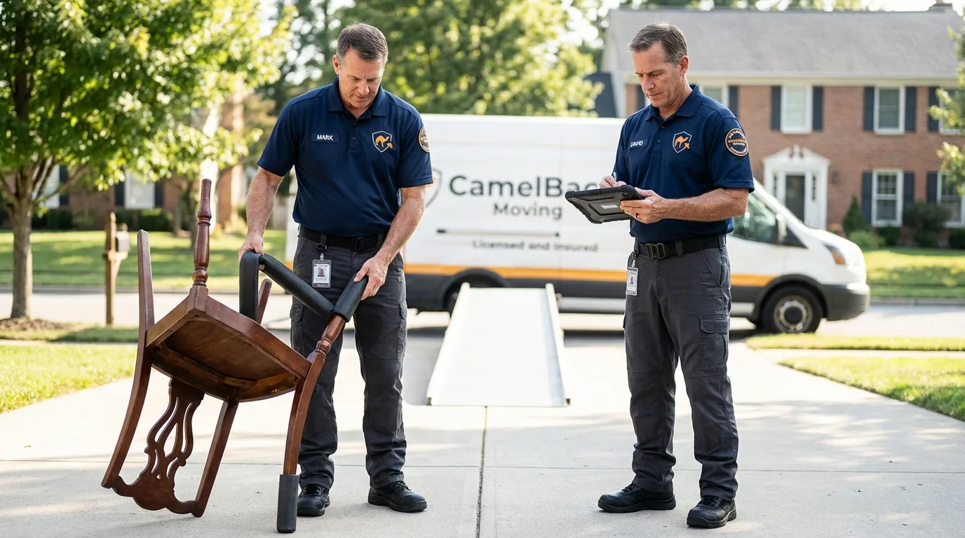 Movers inspecting furniture for damage prevention before loading in Bushnell, IL
