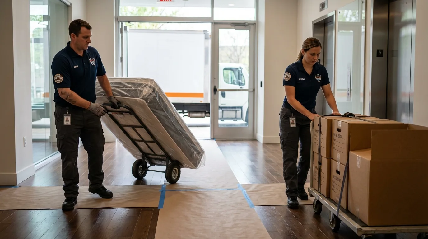 Professional apartment movers loading elevator in Bushnell, IL