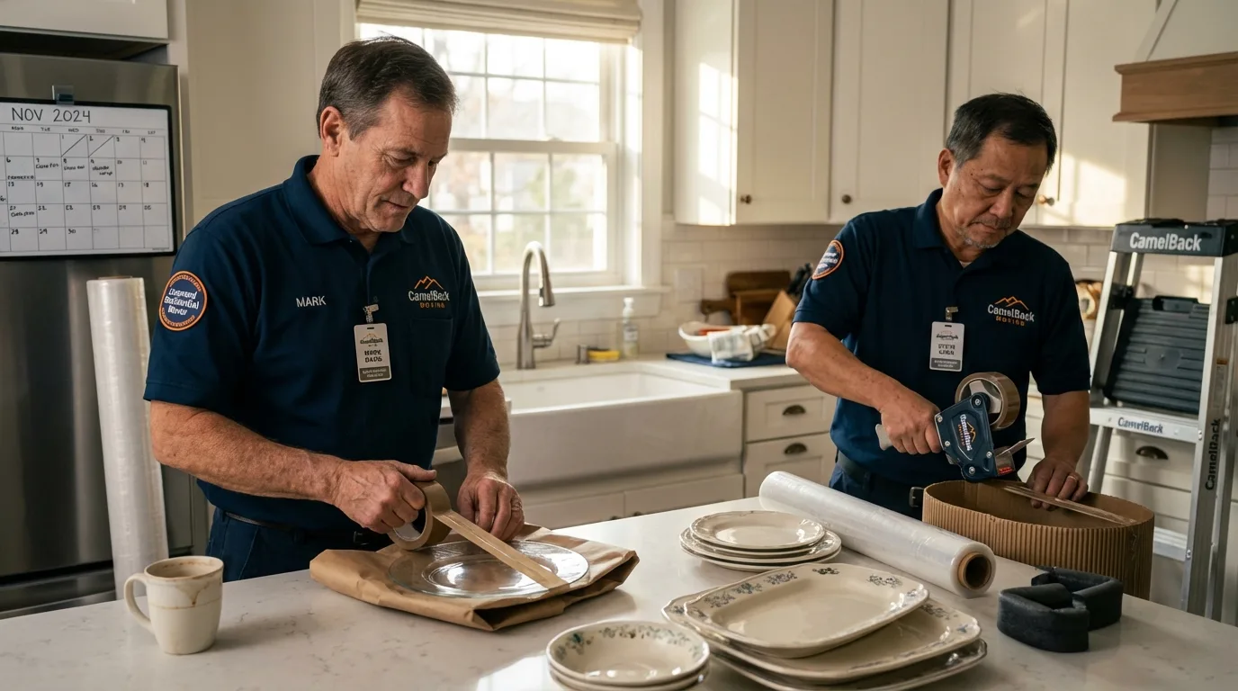 Professional crew packing kitchen dishware in Bushnell, IL